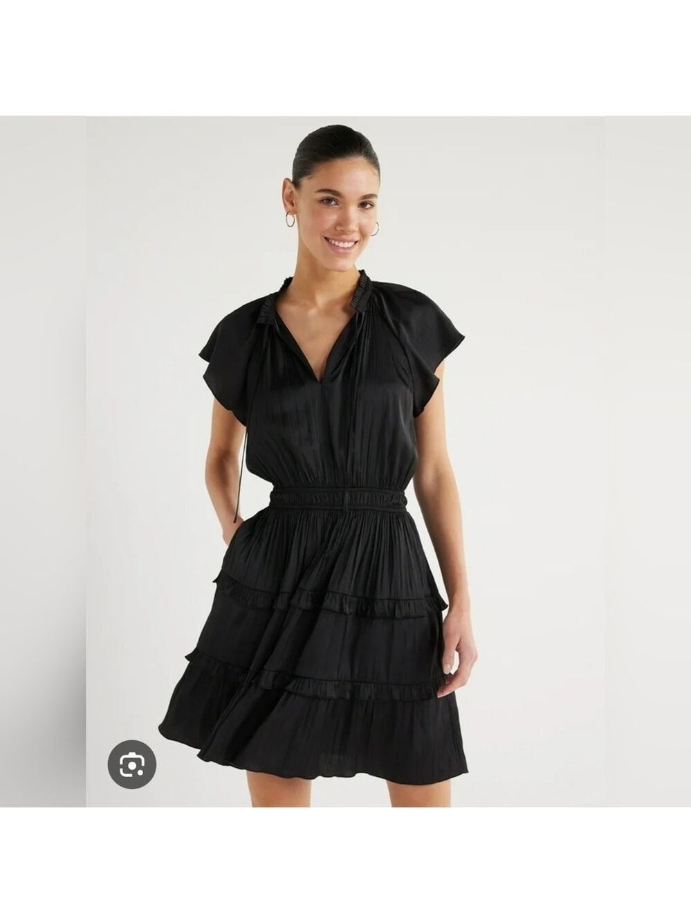 Scoop Women's Satin Mini Ruffle Dress with Cap Sleeves Pockets